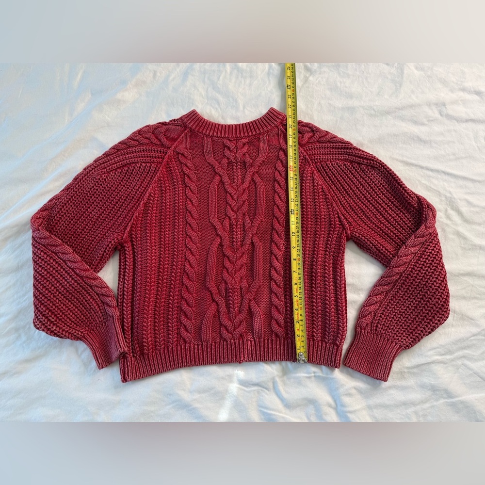 Free People Chunky Cable Knit Sweater Berry Red Cotton Cropped Cozy Knit Small - Picture 8 of 12